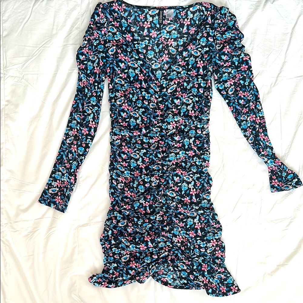 Divided Blue and Pink Ruched Puff Sleeve Mini Dress